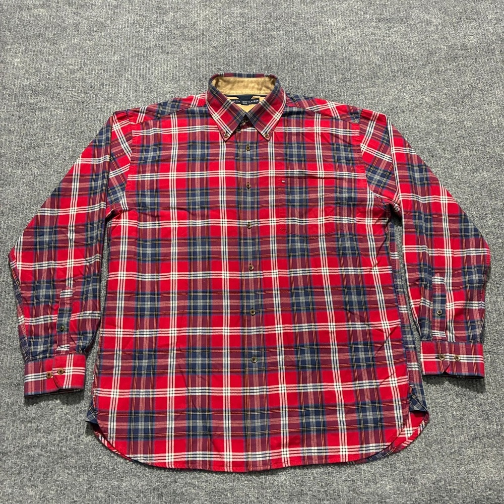 Tommy Hilfiger Mens Long Sleeve Button Down Shirt Size Large Red Plaid Vintage